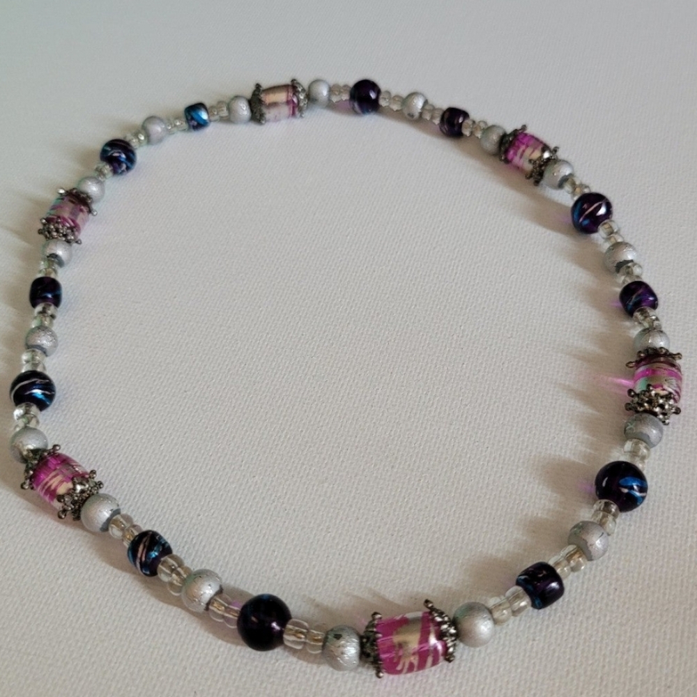 Pink and Silver Beaded Necklace with Metallic Sheen - Picture 1 of 3